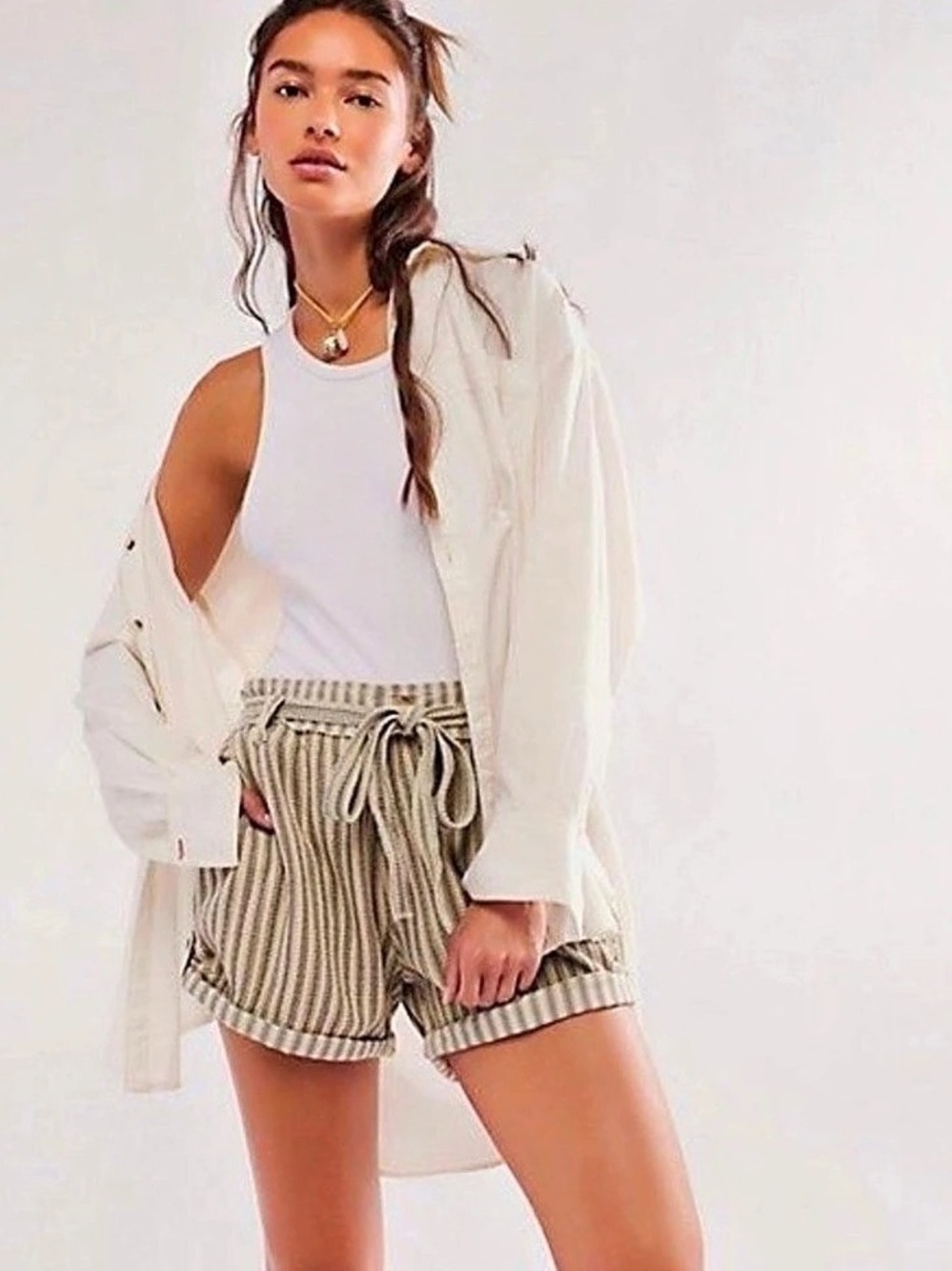 Free People FP One Harriet Striped Shorts High Waist Shorts Beige & Black